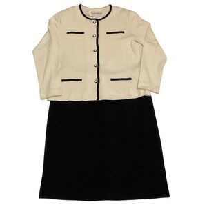 VTG Castleberry London Knit Skirt Set 16 Cream Black Cardigan Pencil Skirt 80s